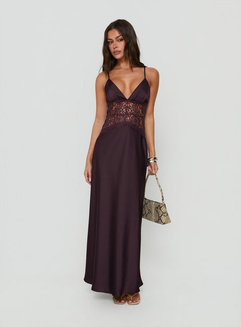 Klairee Halter Lace Maxi Dress Plum
