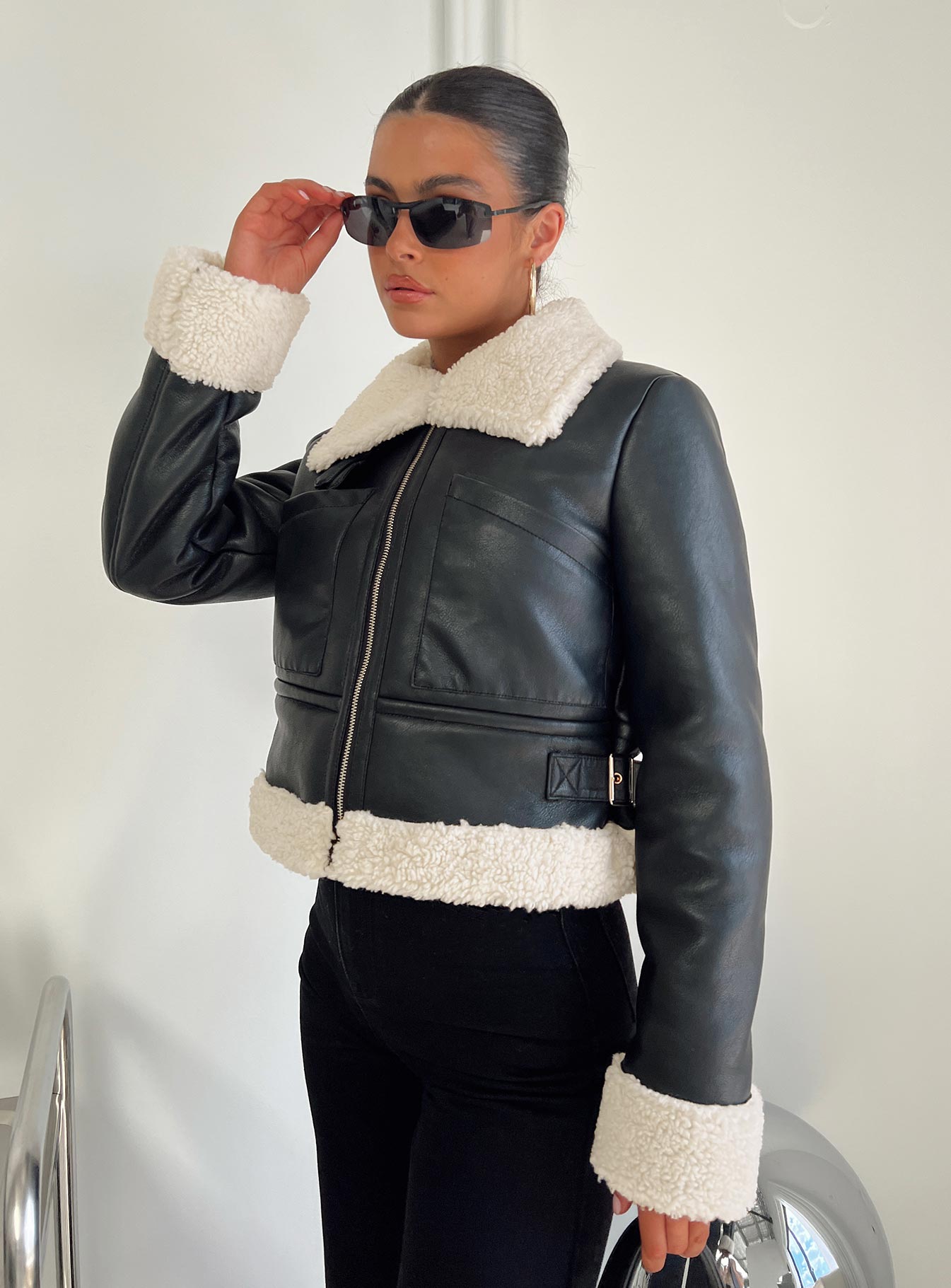 Black leather shearling jacket best sale