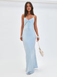 front view of model wearing Princess Polly Linger Bias Cut Maxi Dress Blue V-Neck 