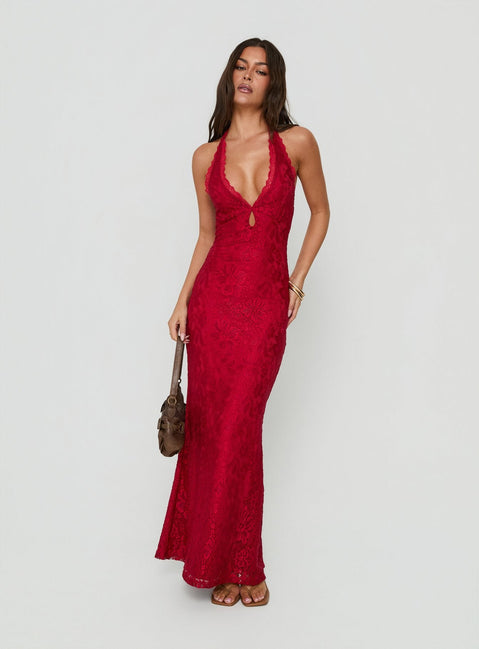 Kalaia Lace Halter Maxi Dress Red