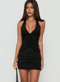 Aliciya Ruched Halter Mini Dress Black