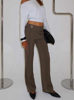 side view of model wearing Princess Polly Elka Wrap Trousers Truffle Mid Rise Pants 