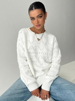 front view of model wearing Princess Polly Pierce Pointelle Sweater Cream Long 
