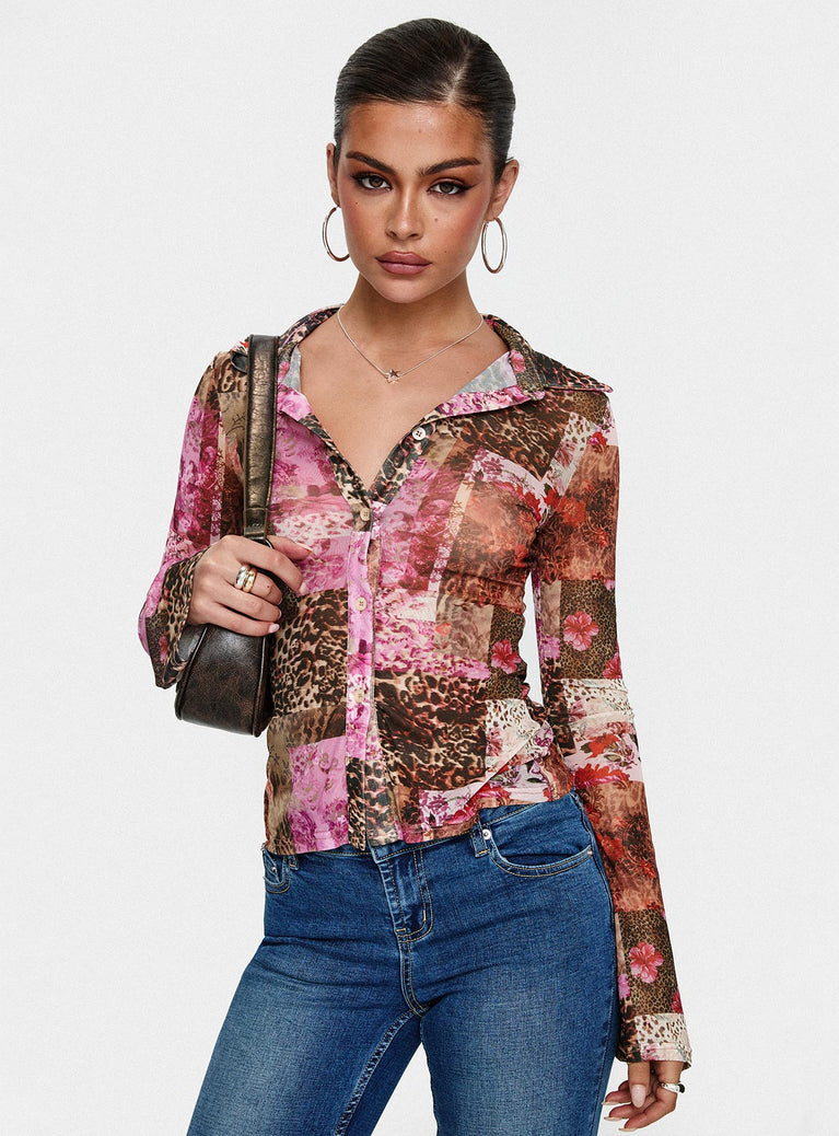 front view of model wearing Princess Polly Maribou Long Sleeve Top Multi Full Sleeves V-Neck 