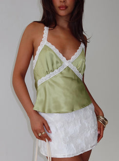 back view of model wearing Princess Polly Bimbette Halter Cami Top Green Sleeveless Plunger 