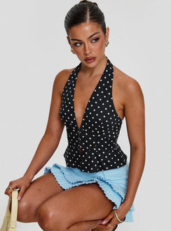 side view of model wearing Princess Polly Pleasing Top Polka Dot Sleeveless Plunger 