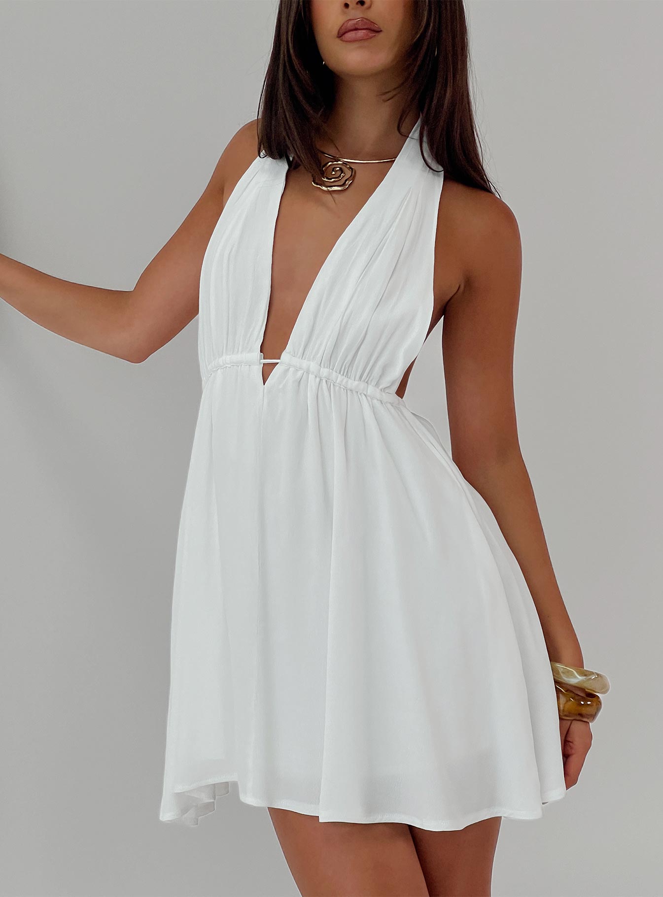 front view of model wearing Princess Polly Saddler Mini Dress White Plunger 