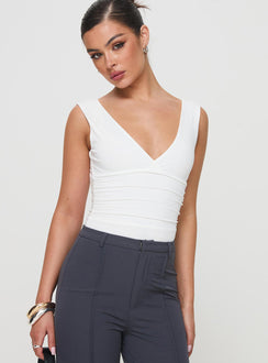 front view of model wearing Princess Polly Klaude Bodysuit White Sleeveless Plunger 