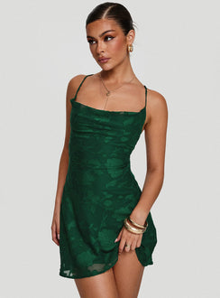 side view of model wearing Princess Polly Celena Mini Dress Forest Green Burnout Cowl Neck 