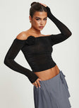 front view of model wearing Princess Polly Simonetta Off The Shoulder Top Black Full Sleeves straight 