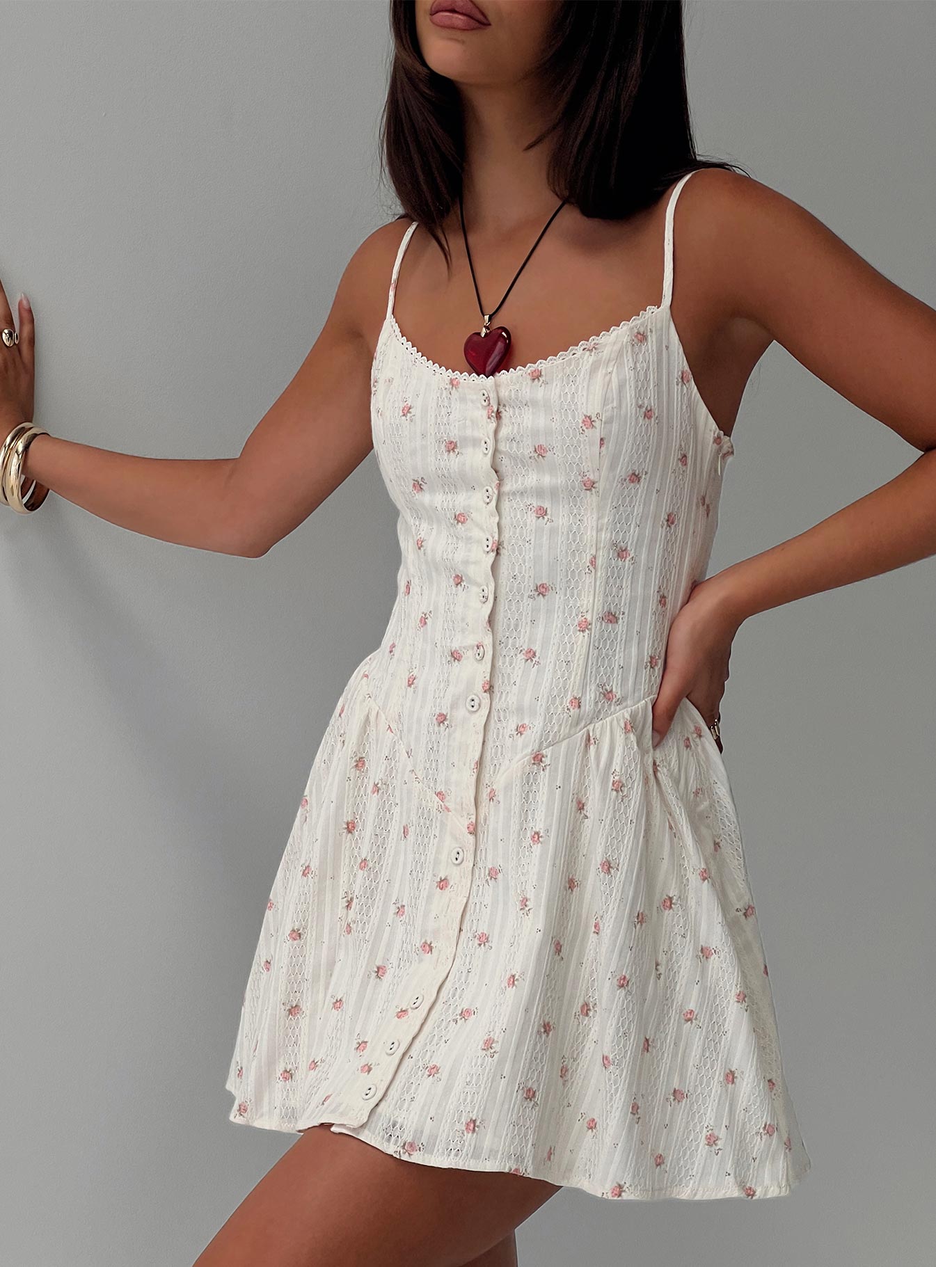 front view of model wearing Princess Polly Toulouse Mini Dress Cream / Floral Scoop Neck 