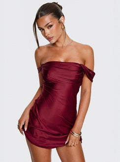 Zabbarra Off The Shoulder Mini Dress Burgundy