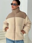 Oversized teddy puffer jacket High neck, twin hip pocket, zip fastening at front