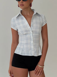 front view of model wearing Princess Polly Cottesloe Blouse Top Blue Check Short Sleeves V-Neck 