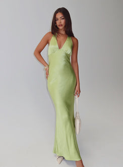 front view of model wearing Princess Polly Gloriana Halter Maxi Dress Green Plunger 
