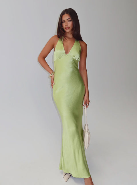 front view of model wearing Princess Polly Gloriana Halter Maxi Dress Green Plunger 