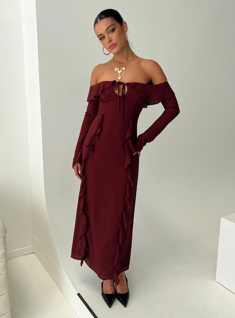 product Princess Polly Asymmetric Neckline  Molins Off The Shoulder Maxi Dress Burgundy