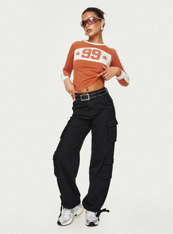 front view of model wearing Princess Polly Driscoll Cargo Pants Washed Black Mid Rise 