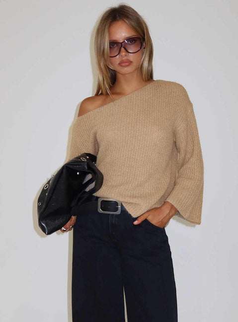 side view of model wearing Princess Polly Delyn Off Shoulder Slouchy Knit Sweater Camel Cropped Jumpers 