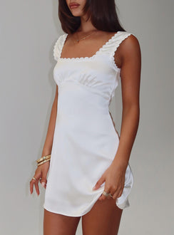 side view of model wearing Princess Polly Dasha Satin Mini Dress White Square Neck 