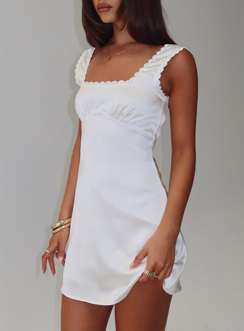 side view of model wearing Princess Polly Dasha Satin Mini Dress White Square Neck 