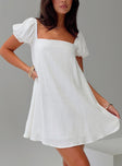 back view of model wearing Princess Polly Beyond Linen Blend Mini Dress White Square Neck 