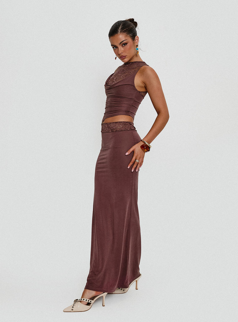 side view of model wearing Princess Polly Vesperine Lace Maxi Dress Cocoa Brown High Neck 