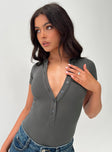 side view of model wearing Princess Polly Kandis Bodysuit Marle Grey Short Sleeves V-Neck 