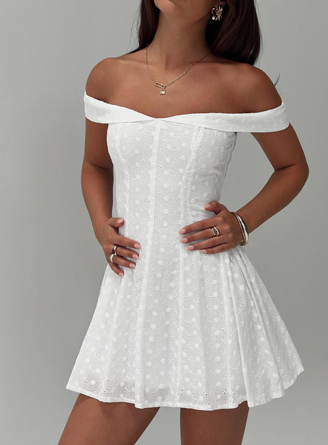 front view of model wearing Princess Polly Rosebud Broiderie Off The Shoulder Mini Dress White V-Neck 