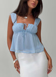 front view of model wearing Princess Polly Mooney Top Blue Sleeveless Square Neck 