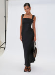 side view of model wearing Princess Polly Radioactive Bias Cut Maxi Dress Black Square Neck 