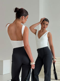 back view of model wearing Princess Polly Klaude Bodysuit White Sleeveless Plunger 