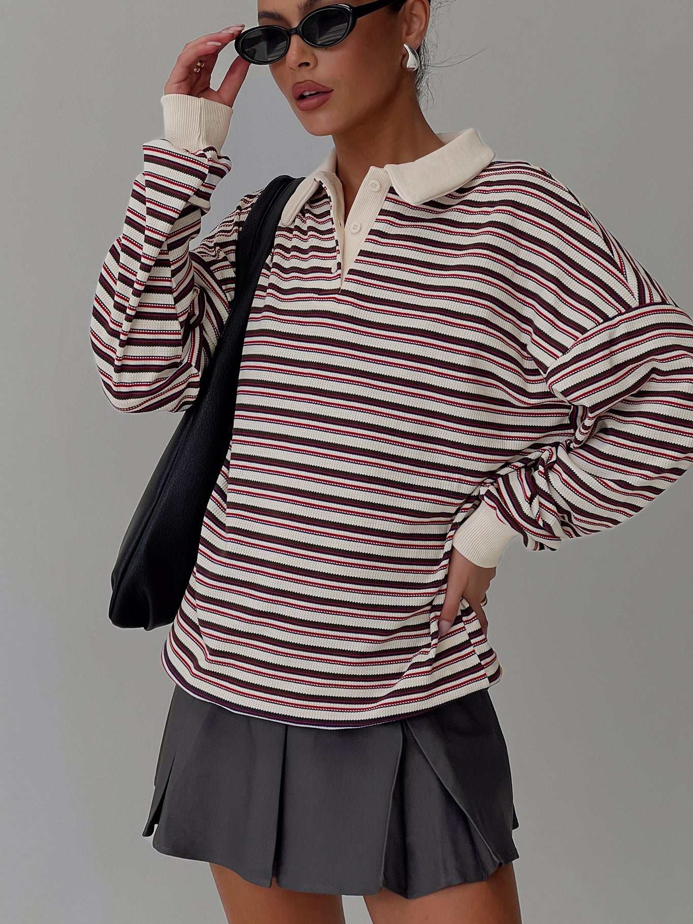 front view of model wearing Princess Polly Rierie Rugby Jersey Porcelain Multi Long 