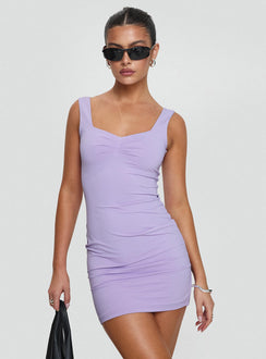 front view of model wearing Princess Polly Rehna Mini Dress Lilac Sweetheart Neckline 