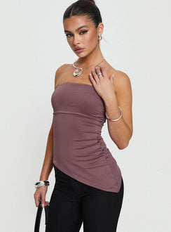 side view of model wearing Princess Polly Galan Strapless Top Purple Sleeveless straight 