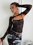 Long Sleeve Top Sheer lace material- delicate wear with care, two pieces- can be worn separately, criss cross strap singlet top, low back, long sleeve bolero top Silver-toned clasp fastening at front  Good stretch, unlined  Princess Polly Lower Impact