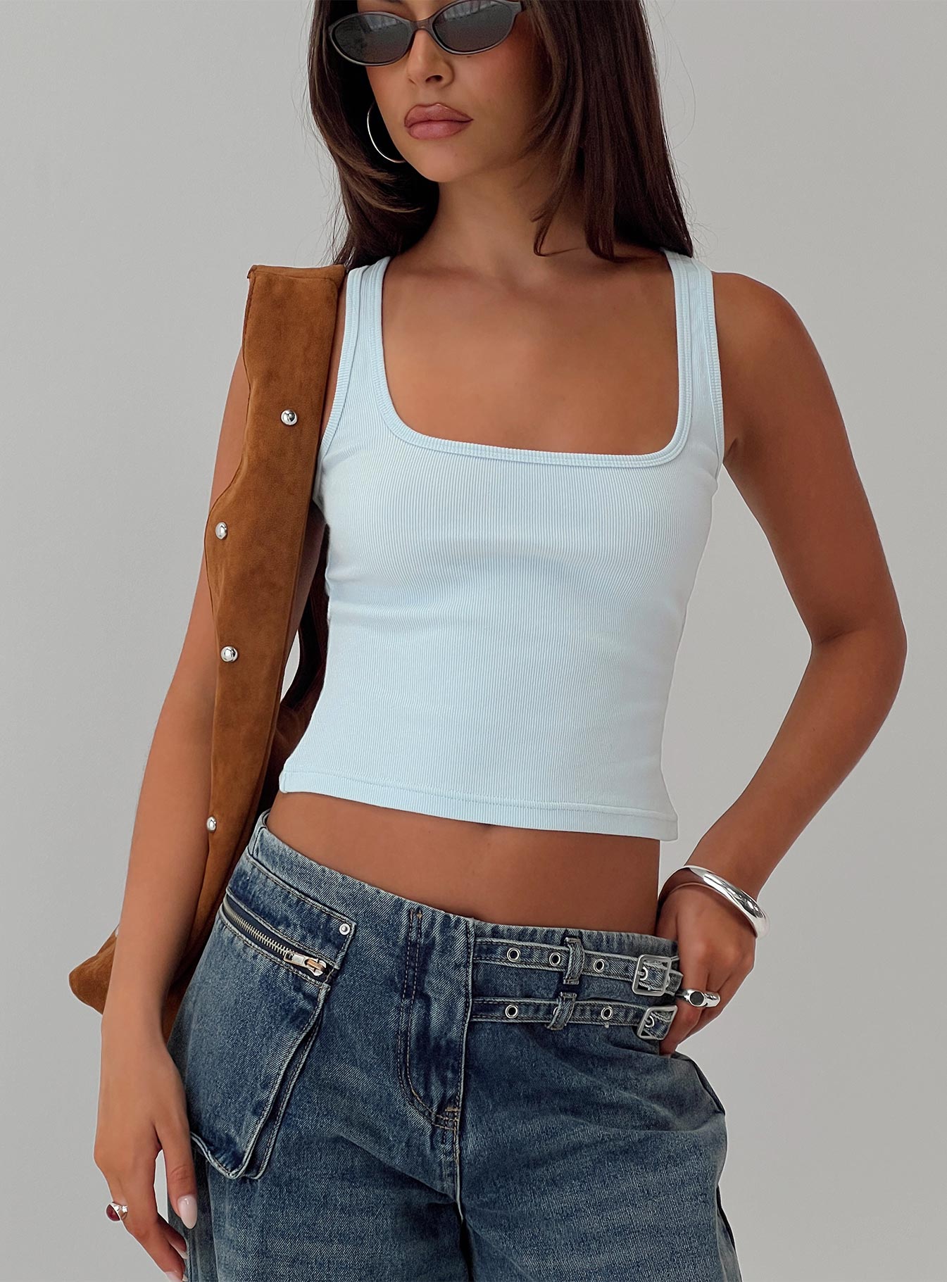 front view of model wearing Princess Polly Baseline Square Neck Rib Tank Top Light Blue Sleeveless Square Neck 