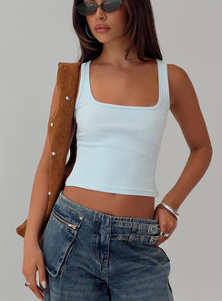 front view of model wearing Princess Polly Baseline Square Neck Rib Tank Top Light Blue Sleeveless Square Neck 
