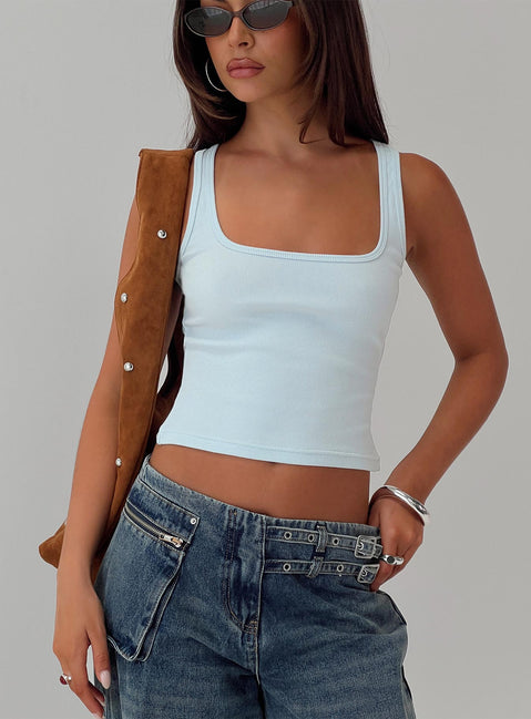 front view of model wearing Princess Polly Baseline Square Neck Rib Tank Top Light Blue Sleeveless Square Neck 