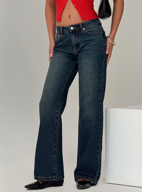 front view of model wearing Princess Polly Cybele Straight Leg Jean Dark Denim Mid Rise 