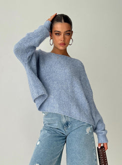 front view of model wearing Princess Polly Ramy Sweater Blue Cropped 