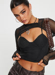 Long sleeve mesh crop top Strappy design, ruching detail, adjustable straps for under top, cannot be worn separately  Good stretch, lined bust  Princess Polly Lower Impact