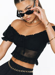 Crop top Mesh material Puff sleeve Ruched design Frill hem Good stretch Partially lined