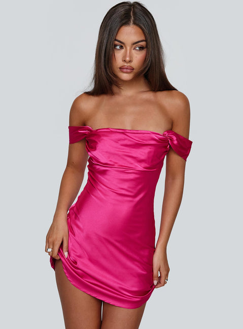 front view of model wearing Princess Polly Zabbarra Off The Shoulder Mini Dress Hot Pink Straight Neck 