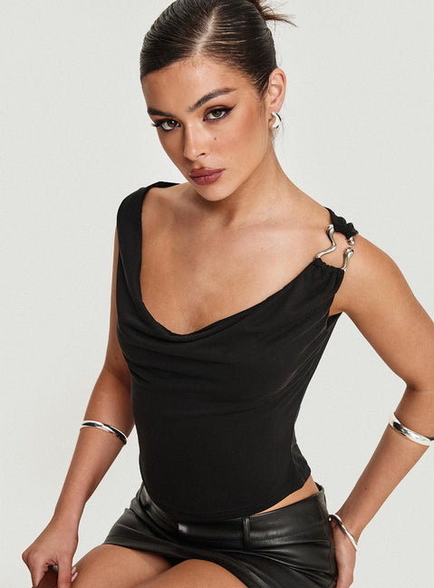 front view of model wearing Princess Polly Quincey Cowl Neck Top Black Sleeveless Cowl 