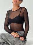 front view of model wearing Princess Polly Minsky Long Sleeve Mesh Bodysuit Black Full Sleeves Crew Neck 