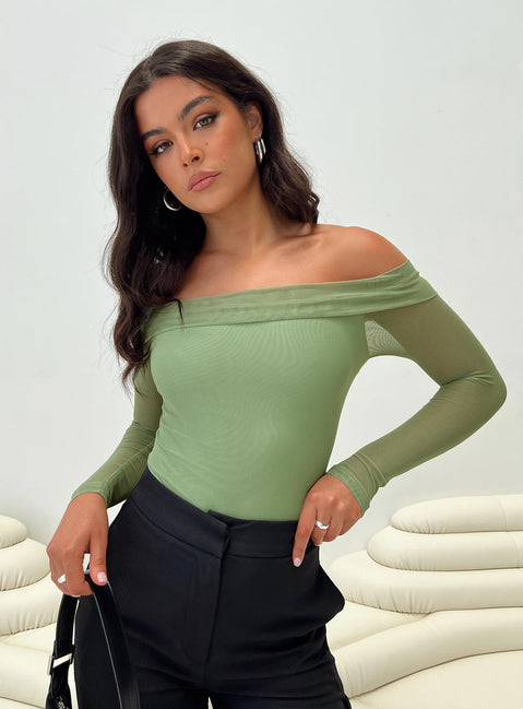 front view of model wearing Princess Polly Doza Off The Shoulder Bodysuit Green Full Sleeves straight 