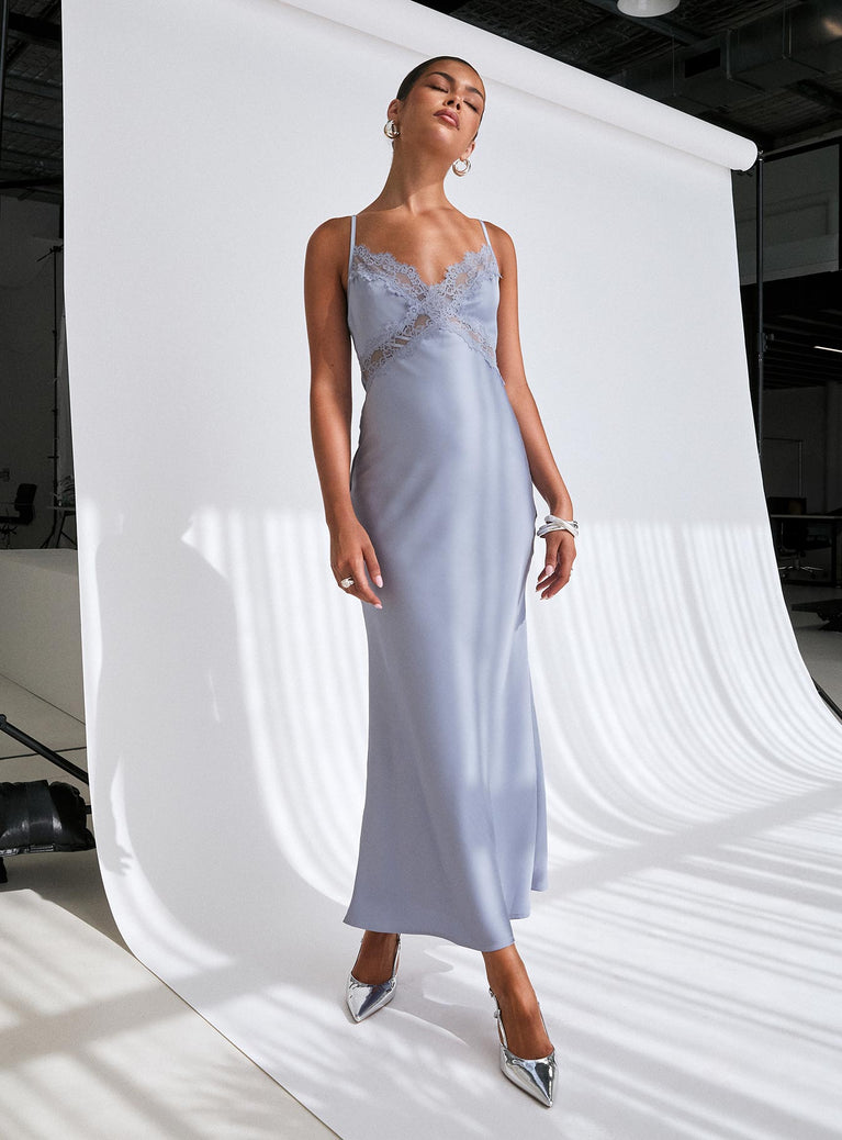 front view of model wearing Princess Polly Treasure Bias Cut Maxi Dress Blue V-Neck 