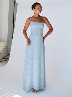 front view of model wearing Princess Polly South Of France Maxi Dress Blue Square Neck 
