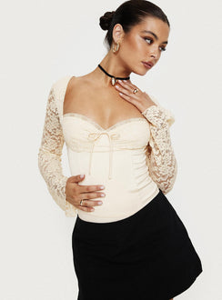 back view of model wearing Princess Polly Markwell Long Sleeve Bodysuit Cream Full Sleeves Sweetheart 